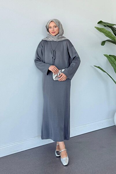 Hazamoda Kuğu Croplu Triko Elbise Füme