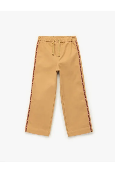 Koton Cotton Relaxed Fit High Waist Wide Leg Pants with Lace-Up Waistband Stripe Detail