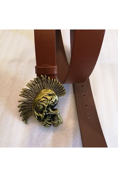 Butik Tülin Unisex Authentic Genuine Cowhide Tan Bronze Punk Skull Skull Cowboy Buckle Belt