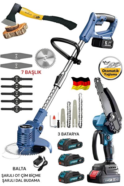 CETHERR GERMAN 3 Bataryalı Şarjlı Ot Çalı Çim Biçme Tırpanı- Zinçir Dal Budam...