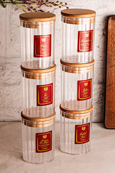 Snippy Rego - Set of 6 Wooden Vacuum Lid Plastic Storage Containers with Labels, Storage Container Spice Rack Set