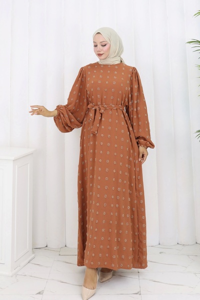 Moda MSK Pompom Detailed Belted Dress Brown