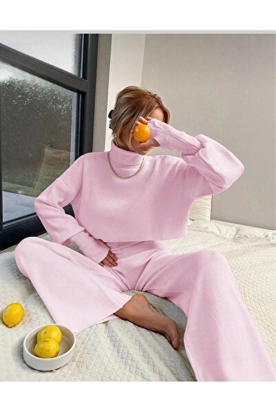 STF MODA Pink Finger Snap High Waist Knitwear Bottom Top Set