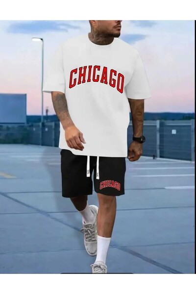 Eşofmania Men's Summer Bottom Top Chicago Printed Shorts T-Shirt Set