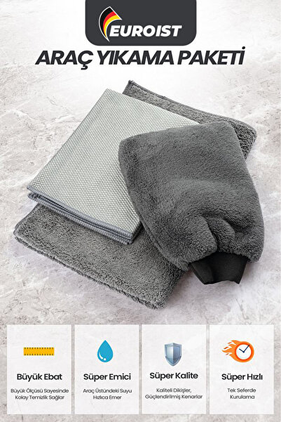 euroist Mikrofiber Oto Temizlik Seti | Araç Kurulama Havlusu, Cam Bezi ve Ara...