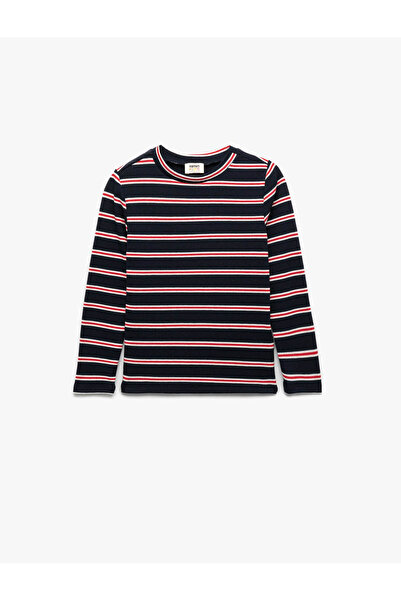 Koton Bisiklet Yaka Çizgili Lacivert Kız Çocuk Uzun Kollu T-shirt 6WKG10290AK