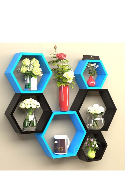 Generic Wooden Twist Hexagonal Shape Wooden Floating Wall Shelves (Set of 6)