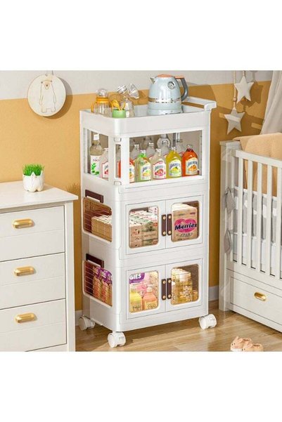 Generic 3 Layers Plastic Storage Organizer with Wheels, 2 Door+1 Low Shelf fo...