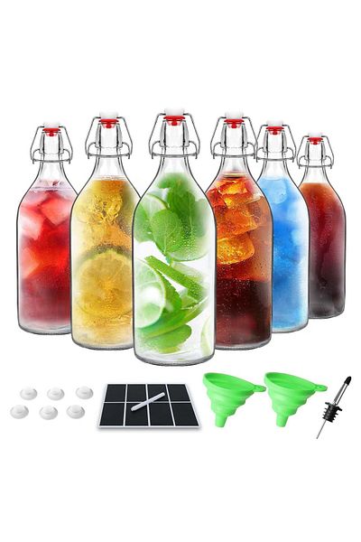 Generic SKYLINK 6Pack 32oz Glass Swing Top Bottles â€“ Airtight Flip Top Glass Bottles with Extra Caps for