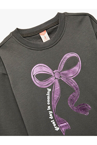 Koton Şardonlu Bisiklet Yaka Fiyonk Baskılı Antrasit Kız Bebek Sweatshirt 6Wmg10102Ak