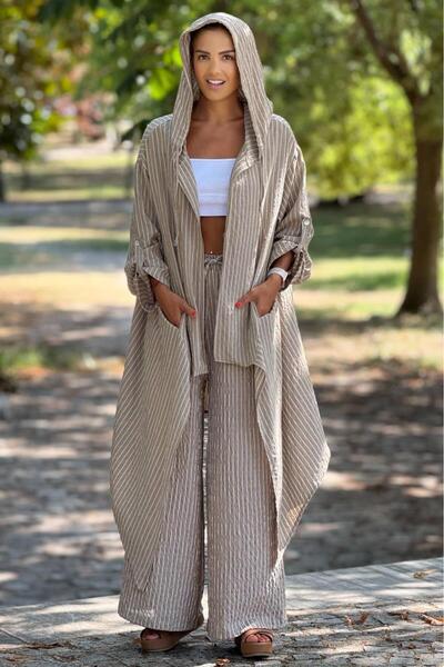Nevin Kaya Moda Cream Color Pants Cap Double Set