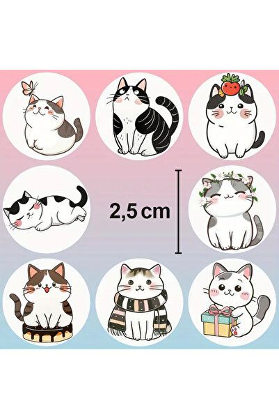 hdcw 500 ADET 2.5cm RULO YAPIŞKANLI SEVİMLİ KEDİLER TASARIMLI STICKER ETİKET PAKETLEME