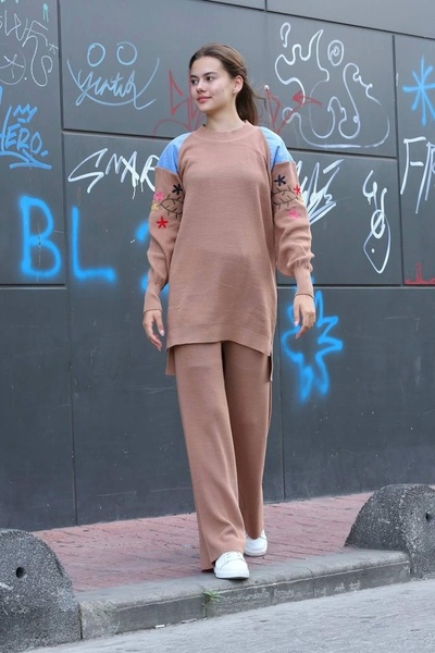 Ruby Shoulder Detailed Sleeve Embroidery Double Bottom Top Knitwear Set Mink