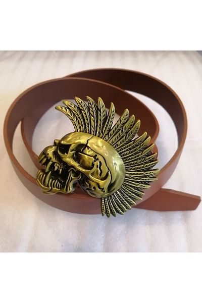 Butik Tülin Unisex Authentic Genuine Cowhide Tan Bronze Punk Skull Skull Cowboy Buckle Belt