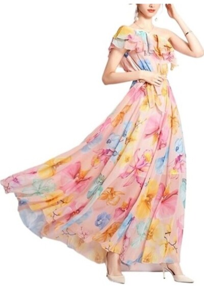 FFK tek omuz fırfırlı çiçekli maksi elbise