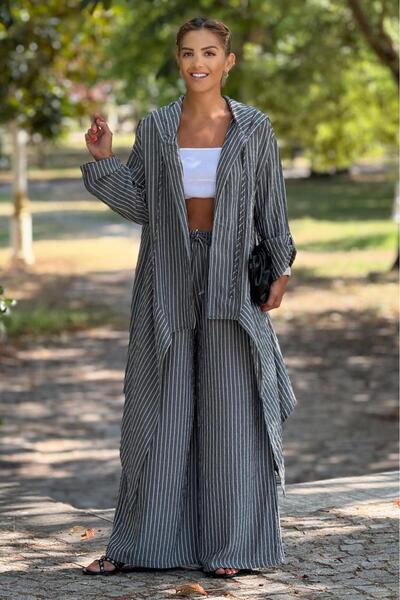 Nevin Kaya Moda Gray Color Pants Cap Double Set