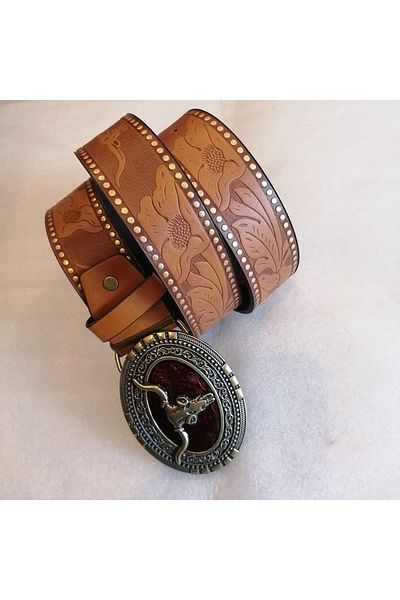 Butik Tülin Unisex Authentic Faux Leather Tan Bull Head Flower Print Bronze Red Buffalo Skull Cowboy Buckle Belt