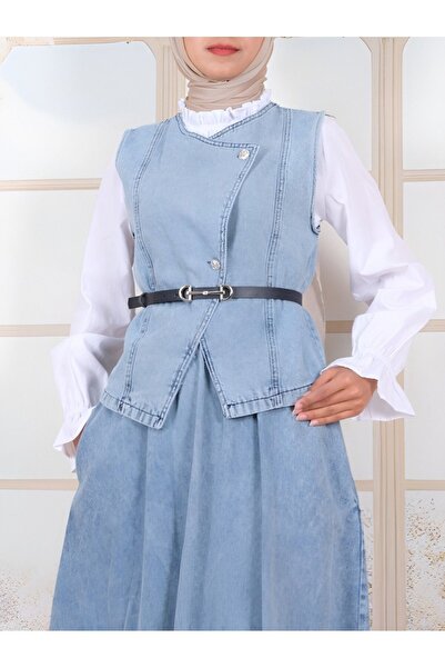 Modamorfo Buttoned Vest Belted Skirt Jeans Suit - Ice Blue