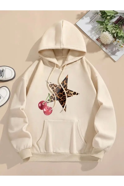 FUFLUNS Oversize Unisex Women's Hooded Sweatshirt with Leopard Star and Cherry Print