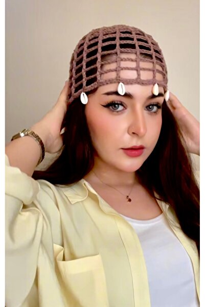 Zess store Bohemian Knitted Gold Charm Detailed Mesh Beret Party Bandana Hat