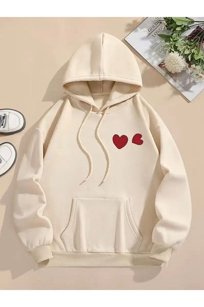 FUFLUNS Red Heart Printed Oversize Unisex Women/Men Hooded Sweatshirt