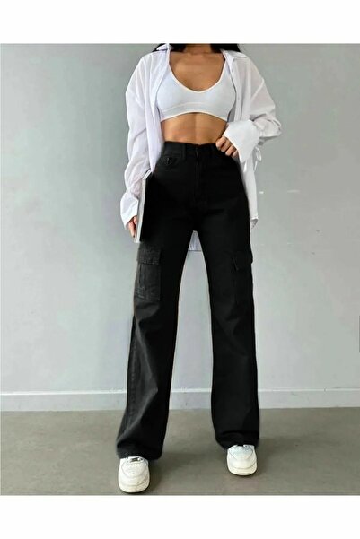 kleshus MERTENS crne Visok struk široke nogavice Kargo džep farmerke