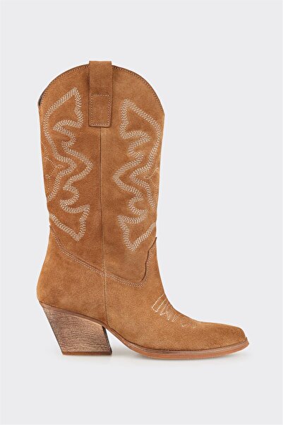 Elle Shoes Taba Deri Kadın Western Çizme