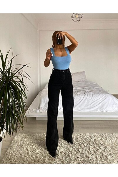 kleshus بنطلون جينز كاجوال عالي الخصر من الليكرا باللون الأسود. ساق واسعة.