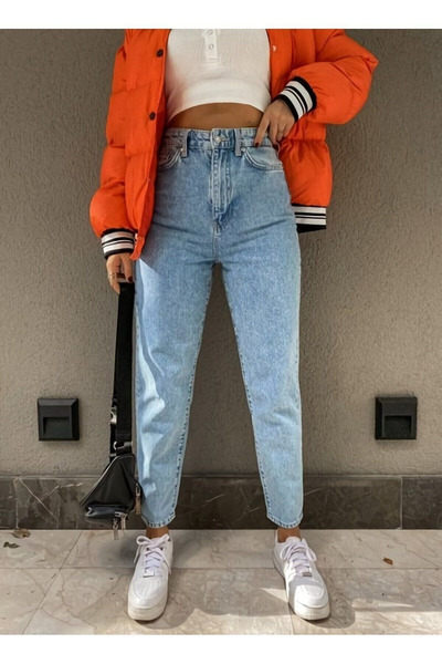 kleshus Queen Light Blue Mom Jeans Lycra Ψηλόμεσο παντελόνι Mom Jeans με εξαι...