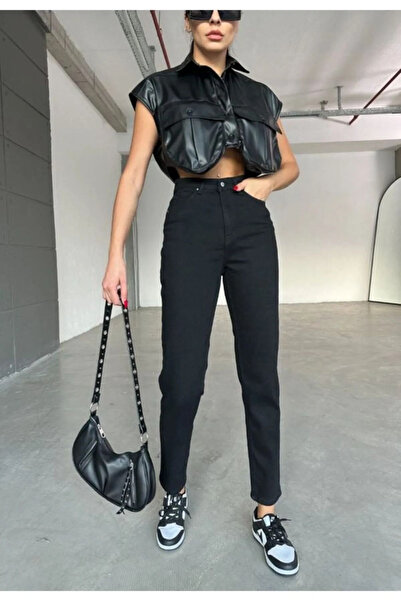 kleshus Blugi negri Mom Jeans Lora cu talie înaltă, care nu se decolorează, p...