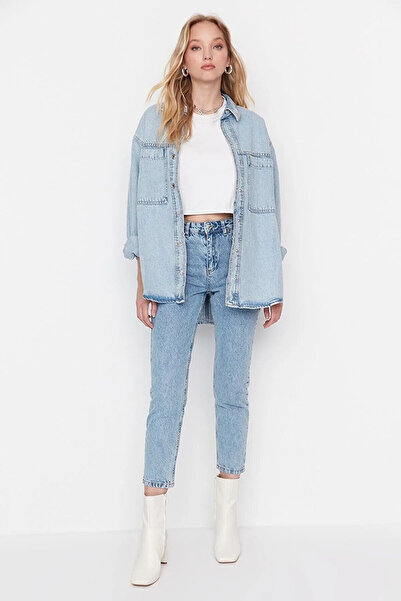 kleshus بنطلون جينز نسائي من Mona Blue Snow Wash Mom Jean بخصر عالٍ من الليكرا