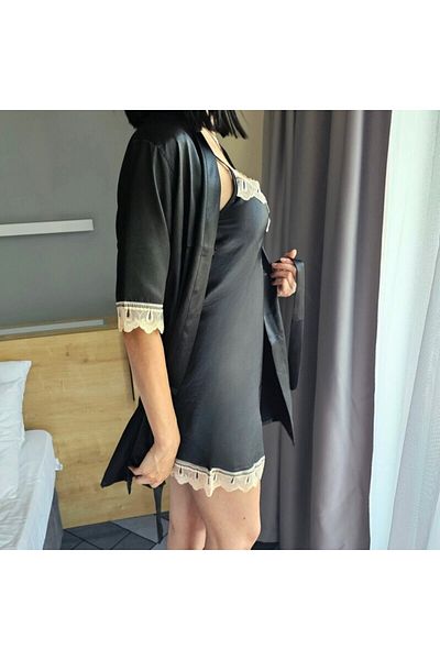 FITINT Satin Robe Berlin with negligee 2 pieces Black