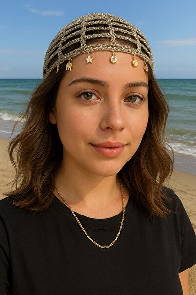 Zess store Bohemian Knitted Gold Charm Detailed Mesh Beret Party Bandana Hat