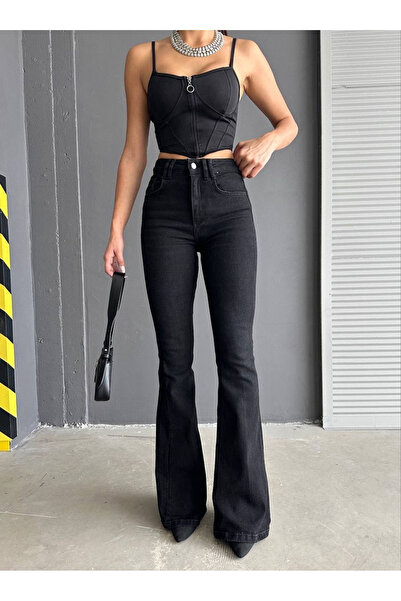 kleshus Blugi negri Mary pentru femei, cu talie înaltă, din lycra Palazzo, cu...