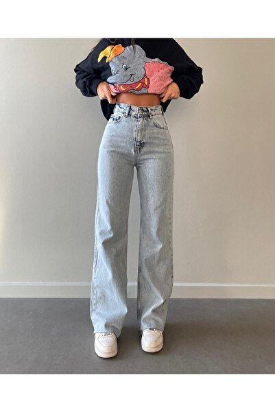 kleshus جينز Palazzo فضفاض بأرجل واسعة وغسول ثلجي عالي الخصر قابل للتمدد