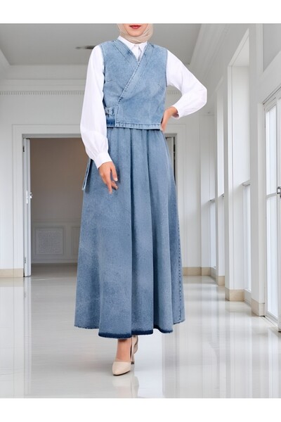 Modamorfo Side Tie Vest Skirt Jeans Suit - Ice Blue