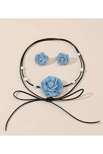 KANERUZ Bağcıklı Kot Kumaş Çiçek Choker Kot Gül Kolye Küpe Seti