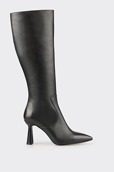 Elle Shoes Siyah Deri Kadın Topuklu Çizme