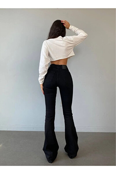 kleshus Kles Flora Buggy Jeans Kadın Solmayan Siyah Yüksek Bel Likralı İspanyol Paça