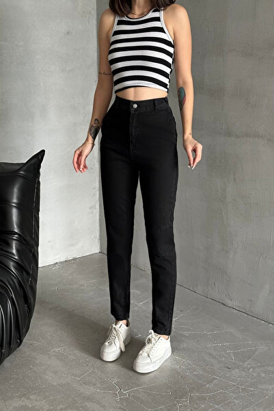 kleshus Ψηλόμεσο μαύρο Lycra Mom Jeans ελαστικό τζιν παντελόνι