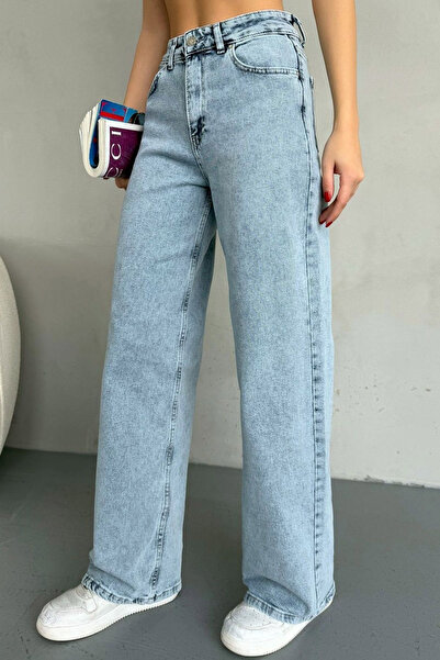 kleshus بنطلون نسائي من نوع Dark Blue Snow Wash Casual Palazzo Wideleg Jean P...