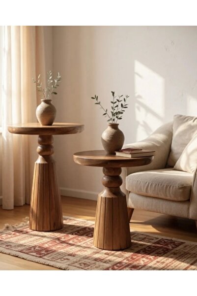 ASELYA HOME Doğal Ahşap 2’li Set Mantar Yan Sehpa Modern Fiskos Zigon Çiçeklik
