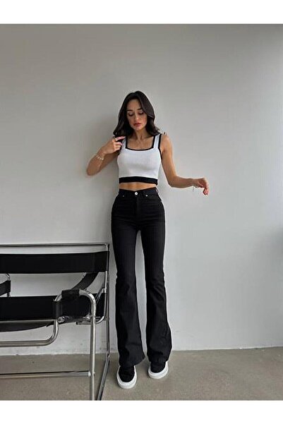 kleshus بنطلون أسود عالي الخصر واسع الساق من الليكرا ملابس مريحة