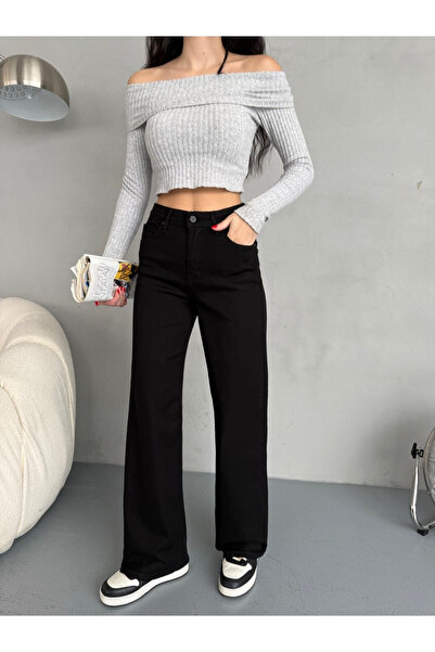 kleshus Candy Black Loose Fit Palazzo Ψηλόμεσο ελαστικό τζιν παντελόνι
