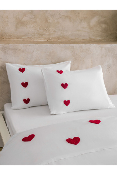 LC Waikiki Red Heart Embroidered Double White Duvet Cover Set