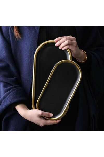 Zigzag Home Decorative 2 Piece Presentation Tray, Organizer, Bowl, Plate, Black Gold Detailed