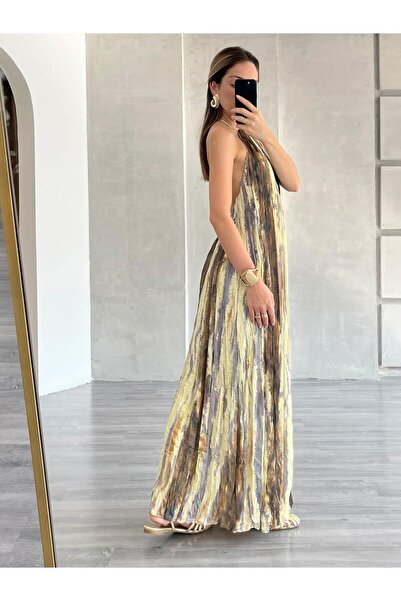 Coral Batik Desenli Sırtı Açık Elbise Sarı