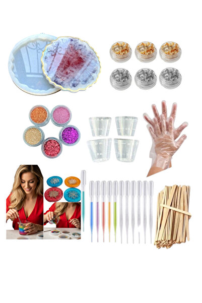 se7enhome 56 Parça Epoksi Başlangıç Seti Silikon Kalıp Altın Varak Glitter Döküm Kabı Damlalık Pipet
