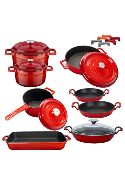 Lava Cast Iron 13 Piece Everyday Cookware Set with Trendy Silicone Handle and Wooden Spoon Gift