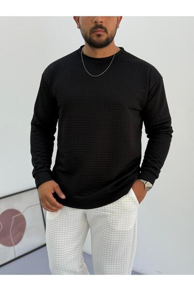 Baycombine35 Men's Crew Neck Quilted Patterned Waffle Fabric Sweatshirt